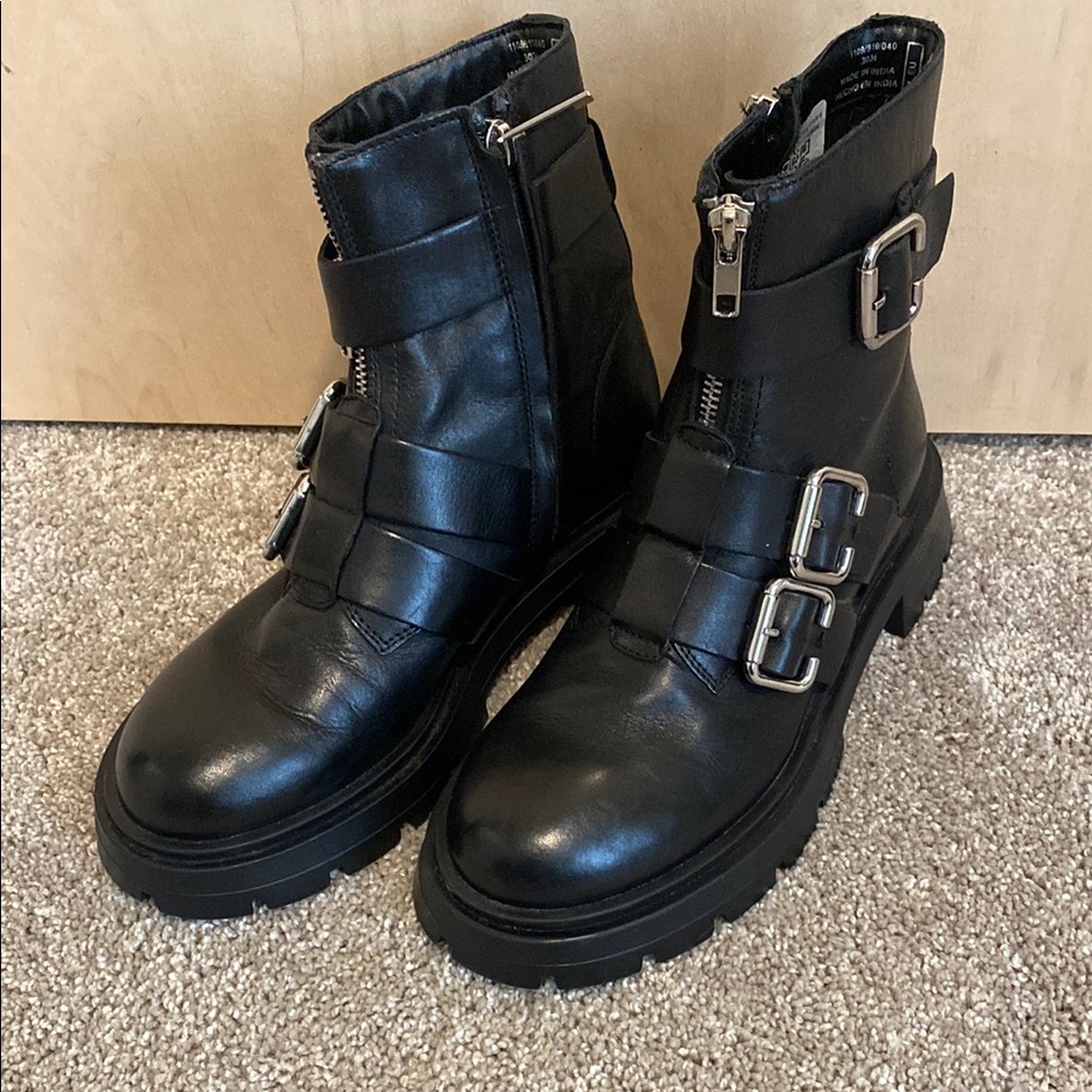 Zara Sleek Black Genuine Leather Combat Boots with Buckles